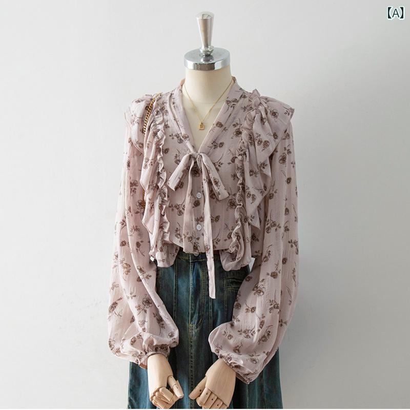 レディース シャツ シフォンブラウス 長袖 春秋 フリル ドレープ 薄ピンク フローラルプリント 薔薇ローズ ループリボン結び Vネック フレンチ 優雅 フェミニン シック エレガント 大人かわいい
