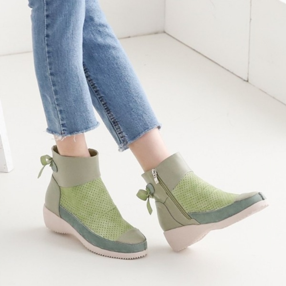 (Ninas Paris) 4cmレザーコンビネーションバックリボンパンチングアンクルブーツ