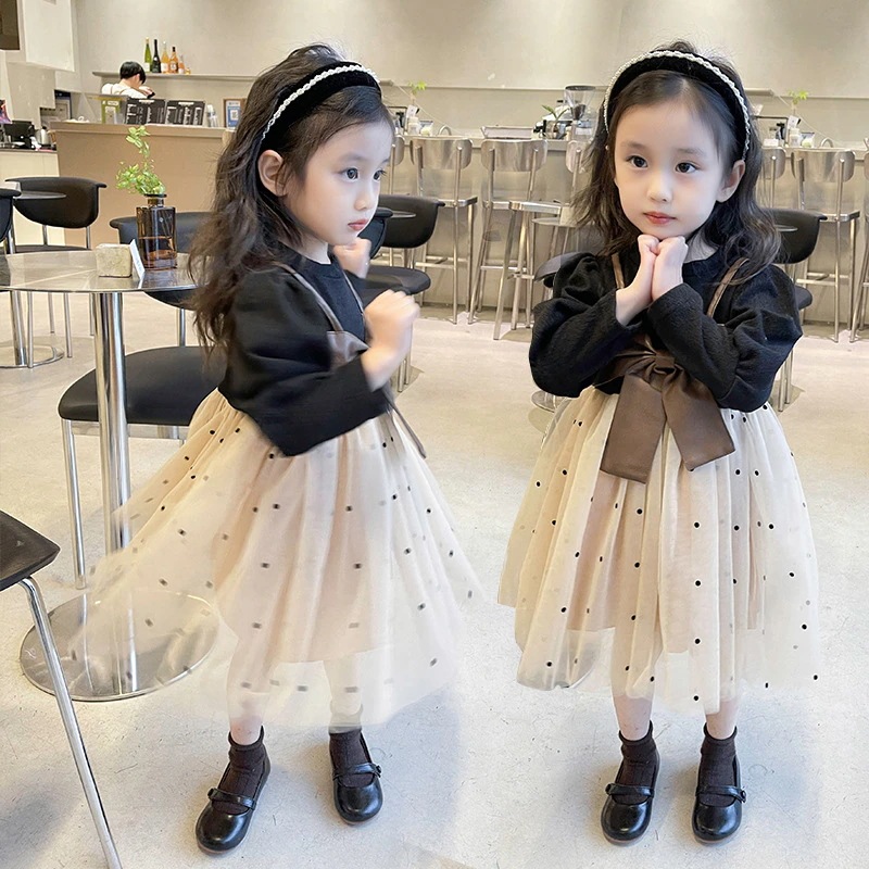 韓国スタイルの女の子水玉ドレス 新しい冬ベルベット子供ファッショナブルなリボンスカート