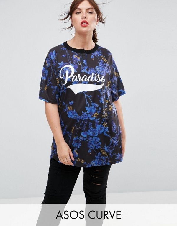 ASOS エイソス レディース 大きめサイズ ゆったりサイズ 送料無料 Multi CURVE Super Oversized Button Neck T-Shirt with Paradise P