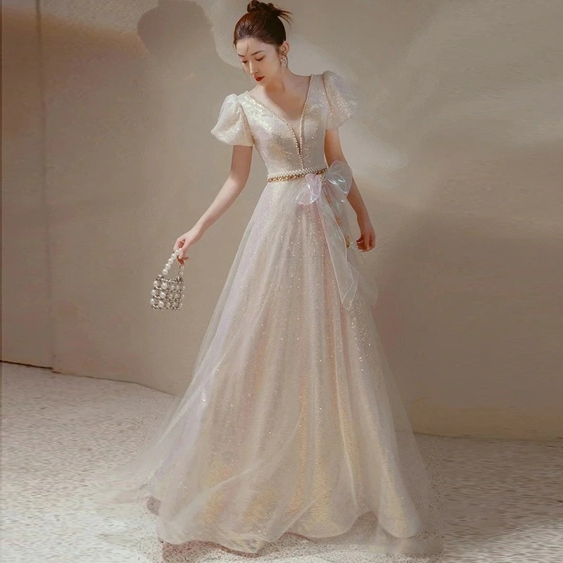 ディープ V ネックイブニングドレス 2024 夏の宮殿スタイルドレスホスト宴会ドレス