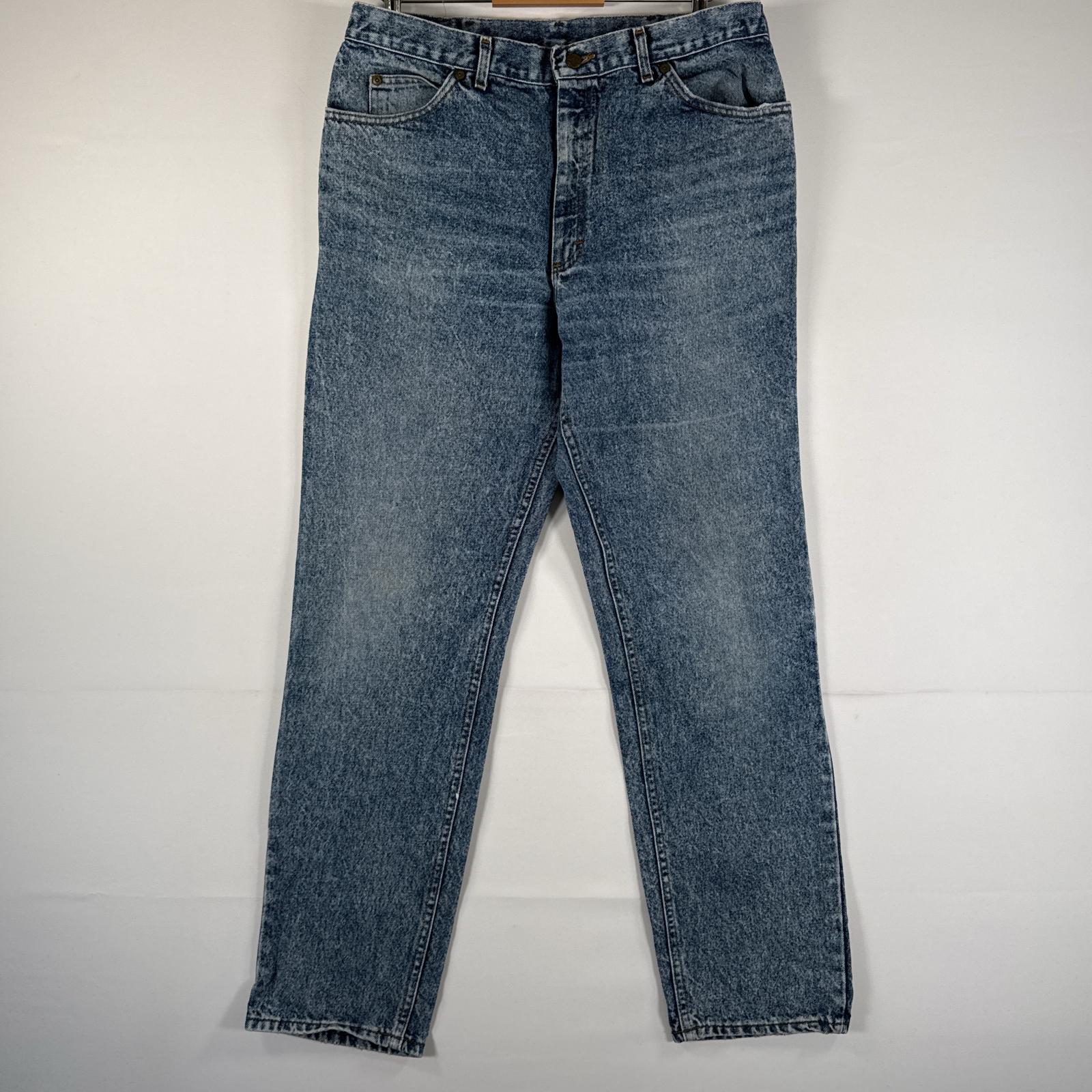 古着 90s/90年代 リー USA製 デニムパンツ Lee ジーパン ジップフライ テーパード 5ポケット レザーパッチ ケミカルウォッシュ w38 L34 ブルー メンズ