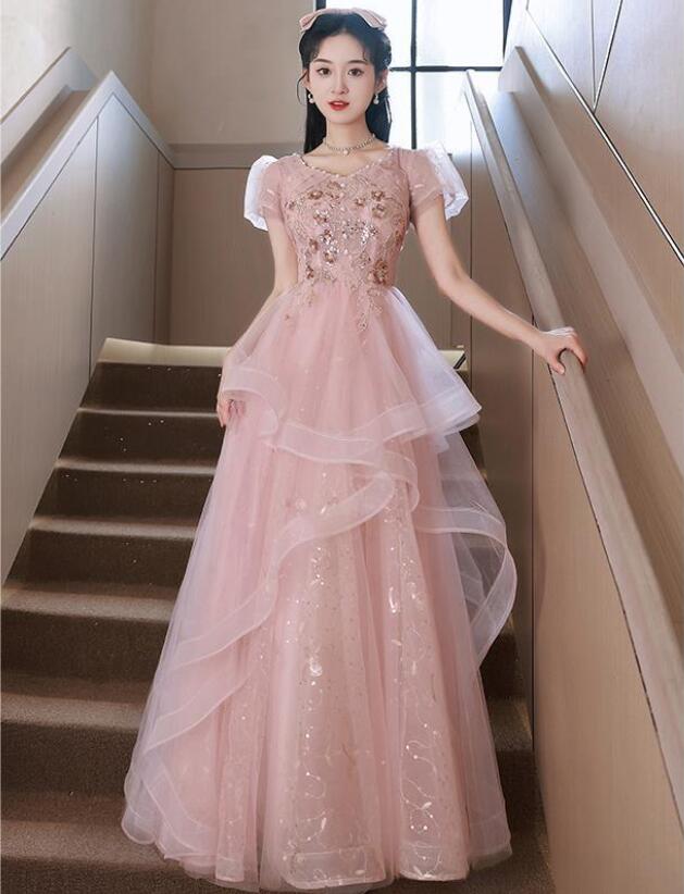 ロングドレス 衣装 ステージ 宴会 ロング丈ワンピース 半袖 プリンセスライン パーティードレス