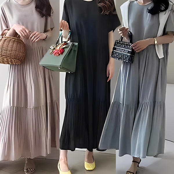 ３色展開 レディース ワンピース ドレス ロング 半袖 ラウンドネック ソリッドカラー 切り替え ワイド Aライン 体型カバー ティアード プリーツ リネン 大人可愛い 上品 エレガント