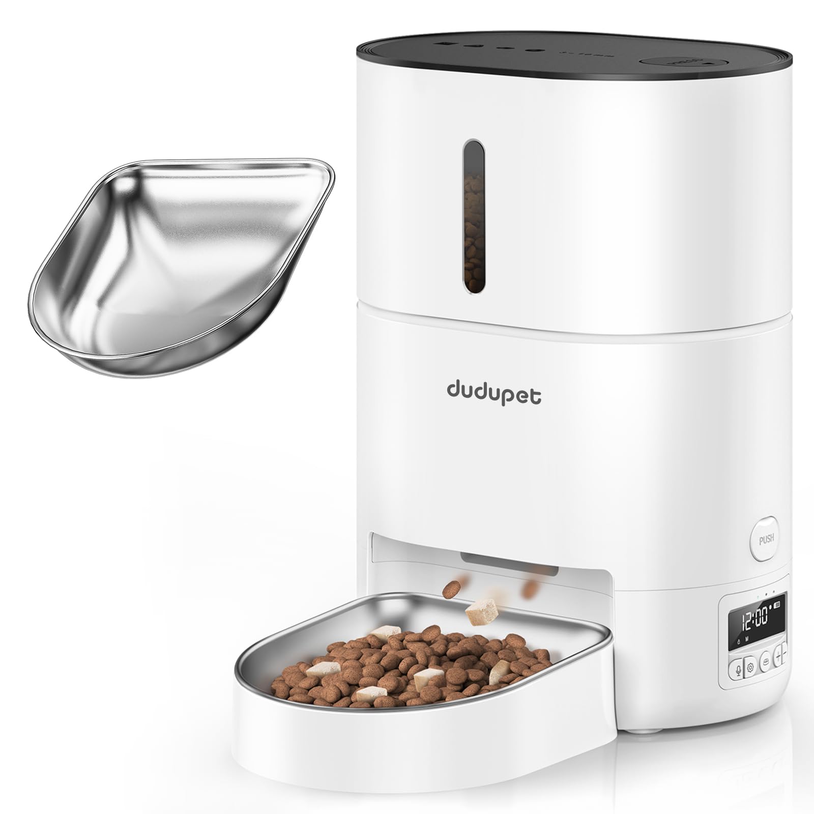 【2023新モデル】DUDUPET 自動給餌器 猫 タイマー機能 音声録音 4L容量 2WAY給電 手動給餌 自動餌やり機 ステンレス皿 お手入れ簡単 1日6食 ホワイト