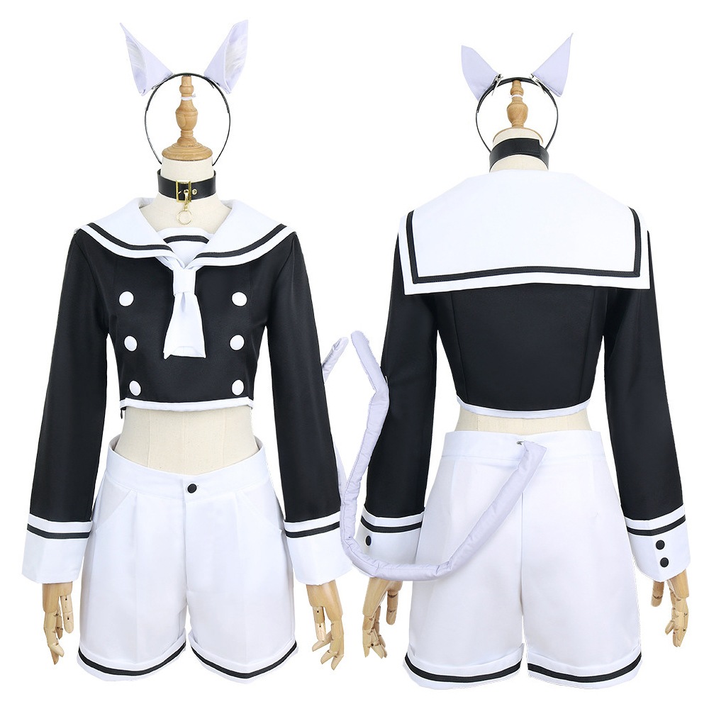衣装+耳+尻尾+靴下 ハロウィン コスチューム YouTuber バーチャル セットアップ コスプレ 猫又おかゆ 7点セット