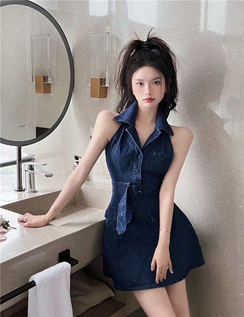 デニムワンピース ワンピース ミニ丈 袖なし Vネック 襟付き Aライン ウエストマーク ポケット ハイウエスト デニム カジュアル おしゃれ お洒落 レトロ 無地 夏 10代 20代 レディース
