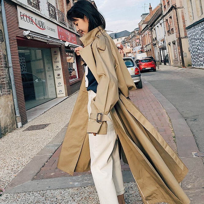 トレンチ風 アウター シャンパー ウインドブレーカー ロング丈 長袖 ボリューム袖 襟付き スーツ襟 フレア ワイド ベルト ウエストマーク シンプル カジュアル 大人 おしゃれ かっこいい レトロ
