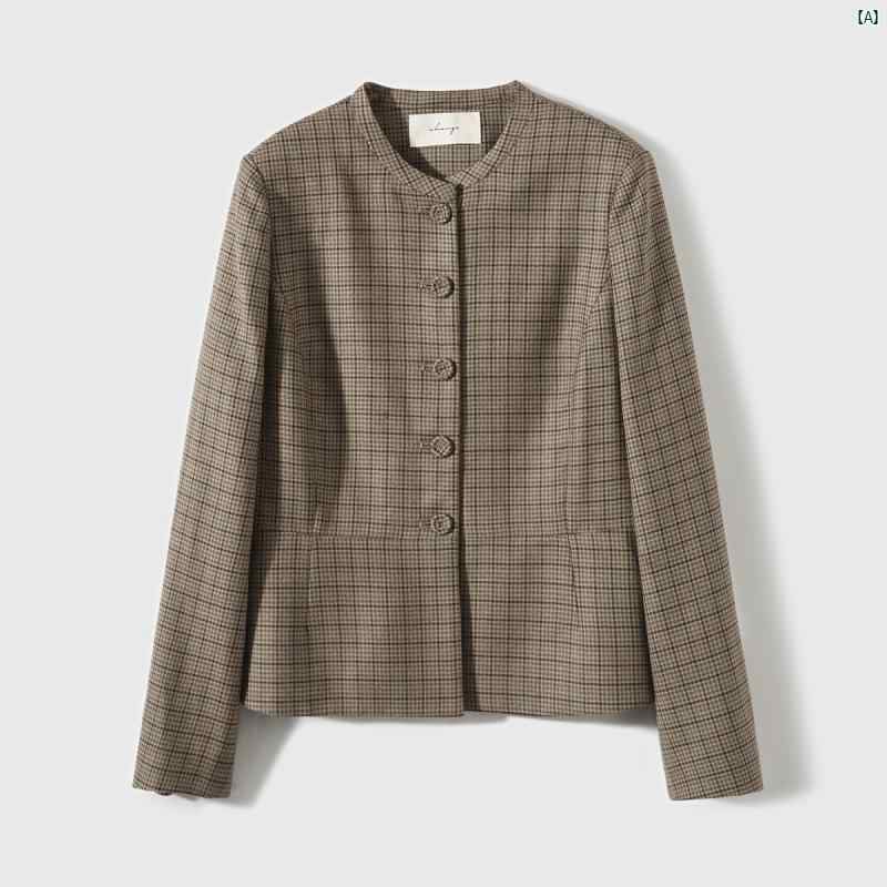 レディース ファッション 春秋 韓国 韓国 かわいい 綺麗 欧州風 風 レディース 大歳 おしゃれ レトロ チェック柄 シープ ウール タッ サー ショート ラウンドネック ジャケット WTG 762