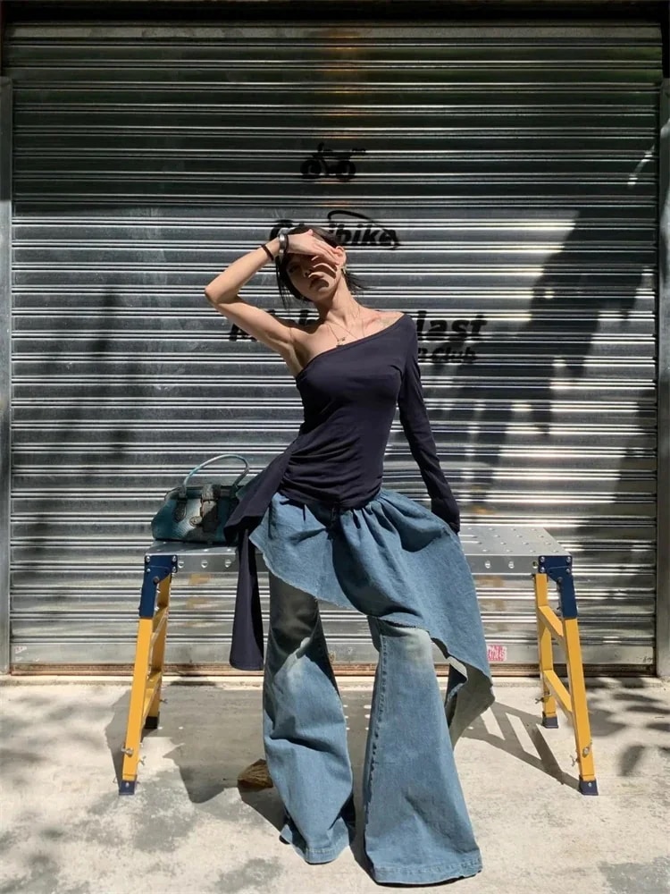 スタイル 大きいサイズ イレギュラー フェイク2ピース スラックス キュロット トレンド 25 オリジナル ジーンズ ロングパンツ