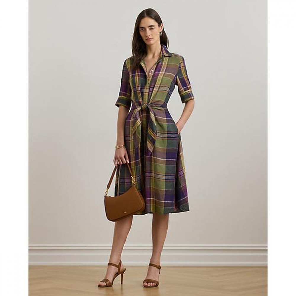 ローレンラルフローレンチェック柄ネクタイフロントリネンシャツドレス (WMLRDRSS5020053500) 25,080円