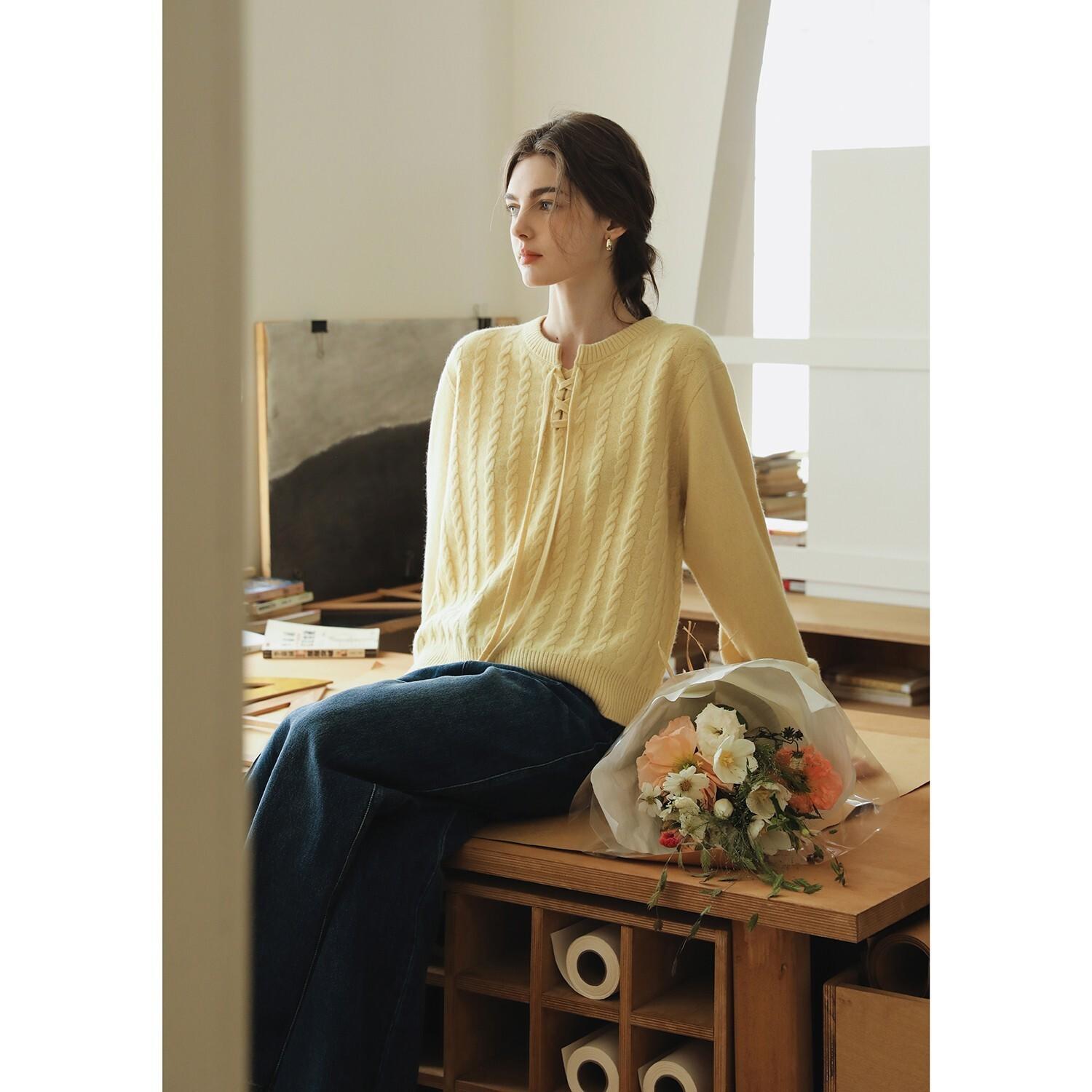LLIIY 春の新作 V gifts for women ネック レースアップ メリノ keep warm ウール ケーブル ニット セーター 女性用