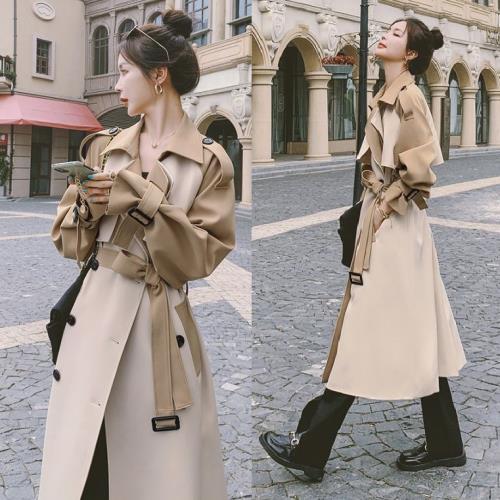 2点購入で200円割引15日間のみ トレンチコート スプリングコート ロング ライトアウター 春 秋 春先 コート アウター ベージュ レディース スーツ とろみ かわいい 韓国 バイカラー Vネッ