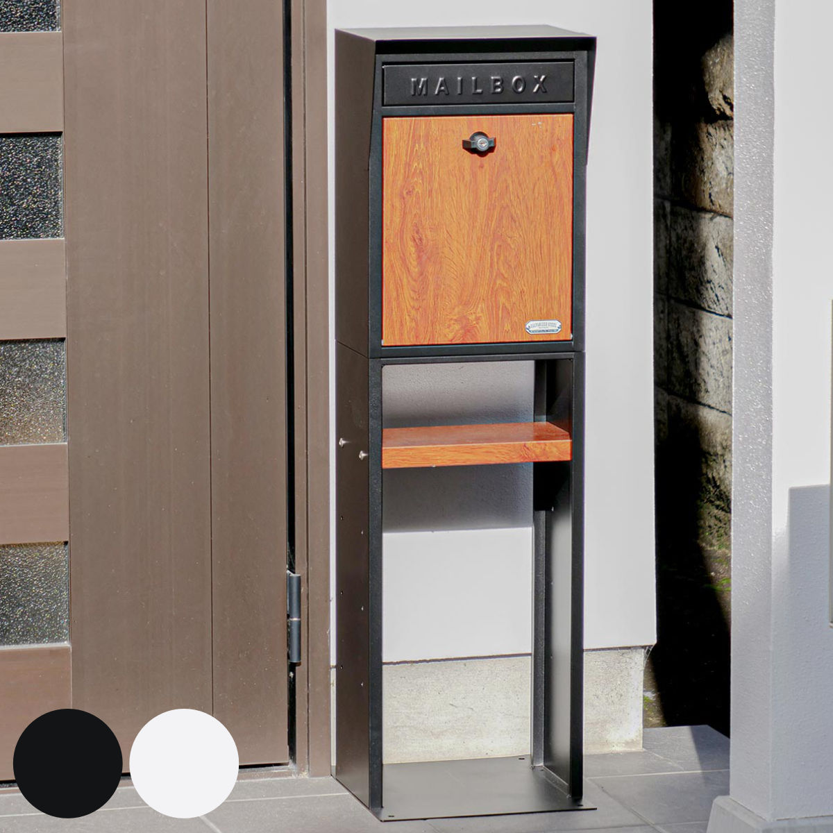 ポスト スタンドポスト 木目 GALVA 郵便ポスト 郵便受け 新聞受け 置き型 スタンドタイプ 白 黒 木目調 棚付き ガーデン ナチュラル スタンド メールボックス ガーデニング 飾り棚