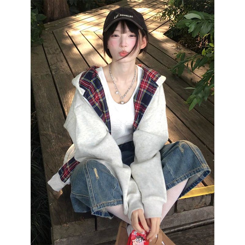 小人数の学院風キルティング格子連帽衛衣女加絨綿綿ゆったり学生ファスナーカーディガン上着 韓国ファッション マウンテンパーカー