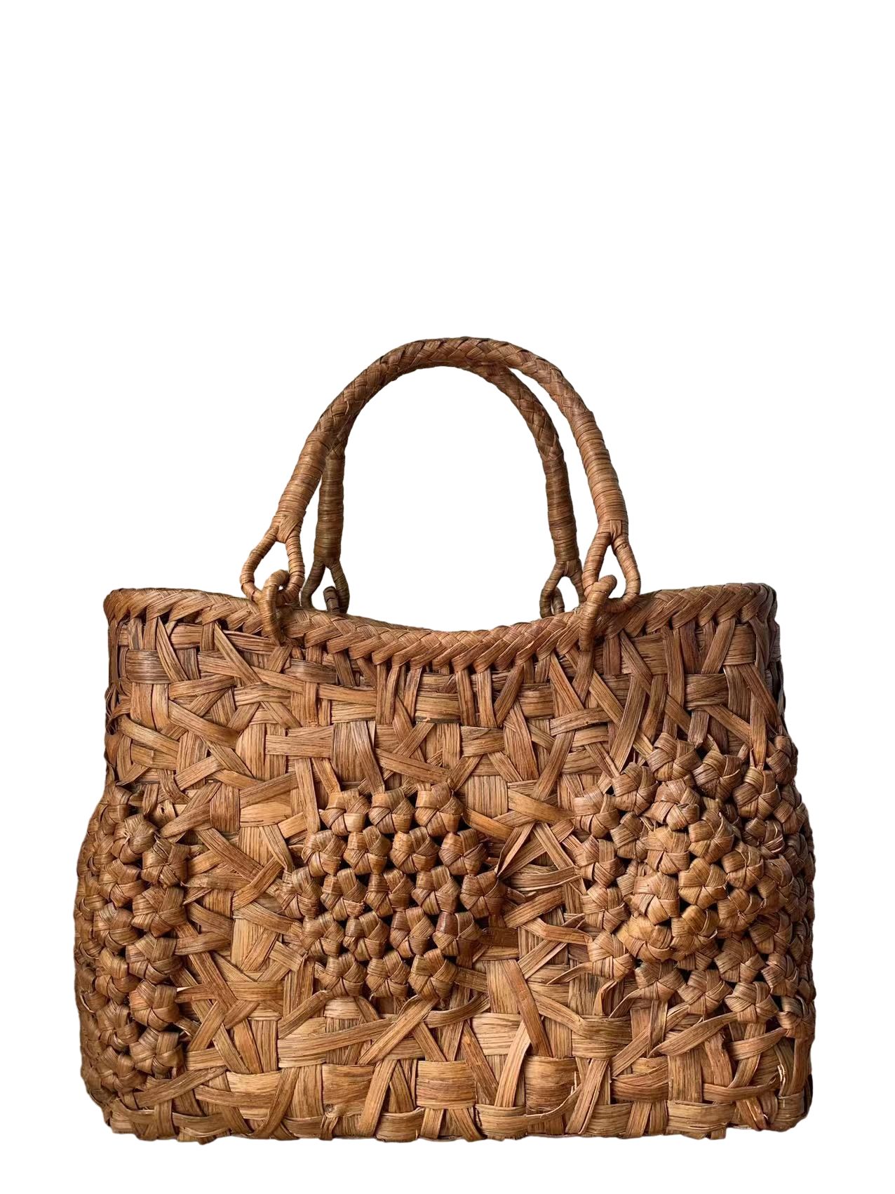 山葡萄　手作り　かごバッグ　内布あり　乱れ編み花編み (約)幅32本体高さ24マチ12.5cm