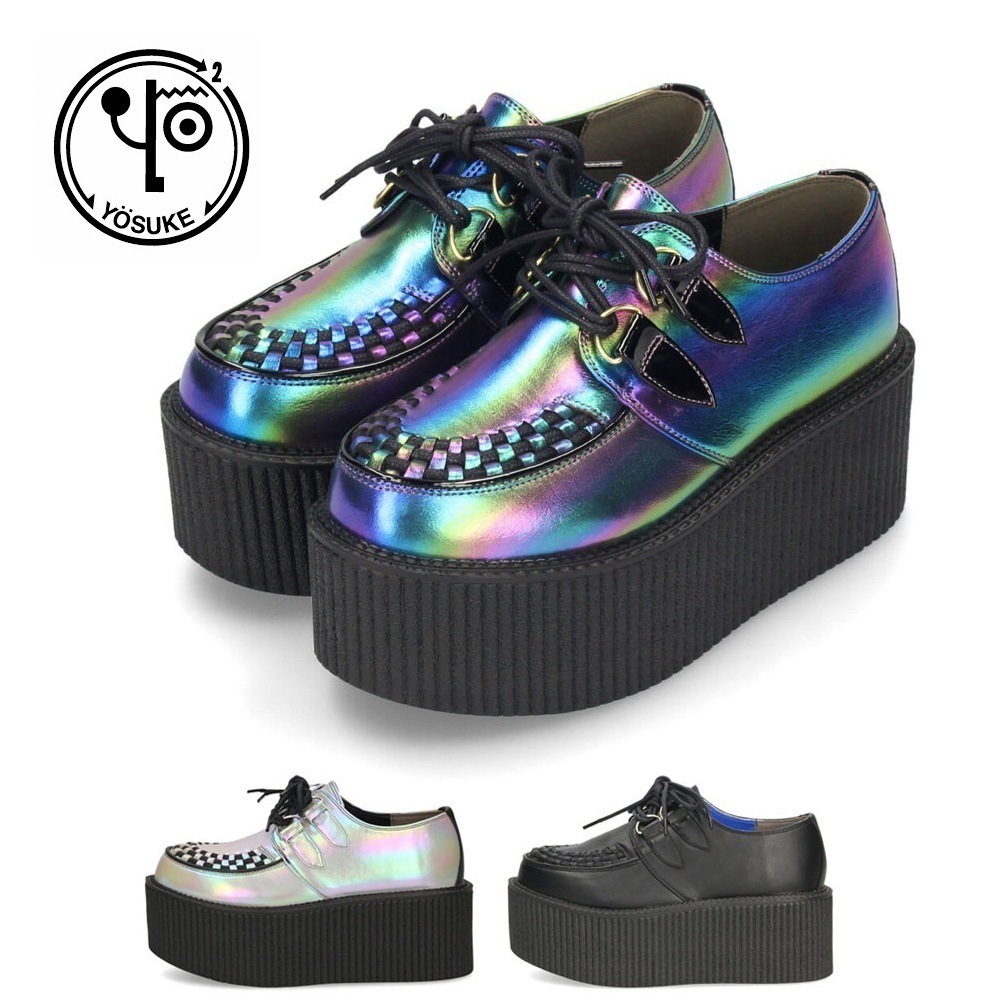 ヨースケ ローファー ラバーソール レディース 厚底 黒 レースアップ シューズ YOSUKE 2810051 靴 カジュアル ブラック 幅広 ３E