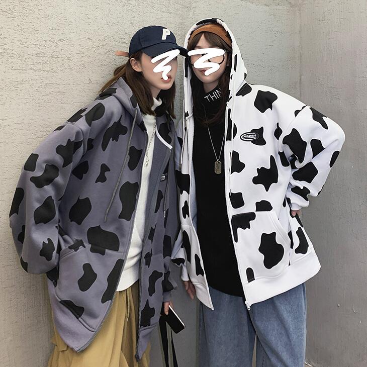 牛柄プリント長袖パーカーレディースレディースパーカーカジュアルおしゃれお出かけデート大人