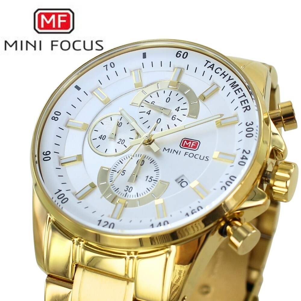 正規品 MINI FOCUS メンズ腕時計 クロノグラフ クォーツ 日付表示 ステンレスバンド かっこいい 腕時計 手表 メンズ 父の日 ゴールド シルバー 高級感 おしゃれ ビジネス カジュアル 誕