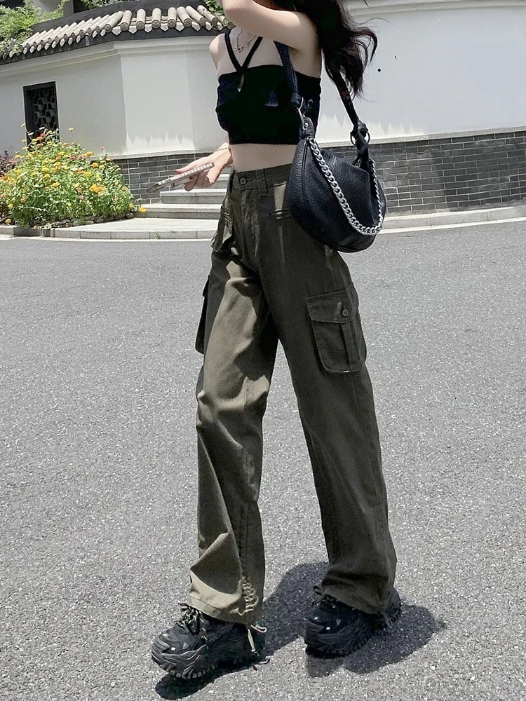 ワークパンツ レディース 秋 タイドインス ハイストリート カジュlアル デニムパンツ ハイウエスト ゆったり ストレート ワイドパンツ 細身パンツ