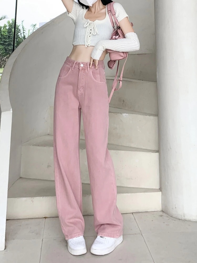 新しい汚れたピンクのワイドレッグジーンズ女性緩い薄いスパlイシーなストレートパンツ小さな人々が春秋冬秋と秋を着る