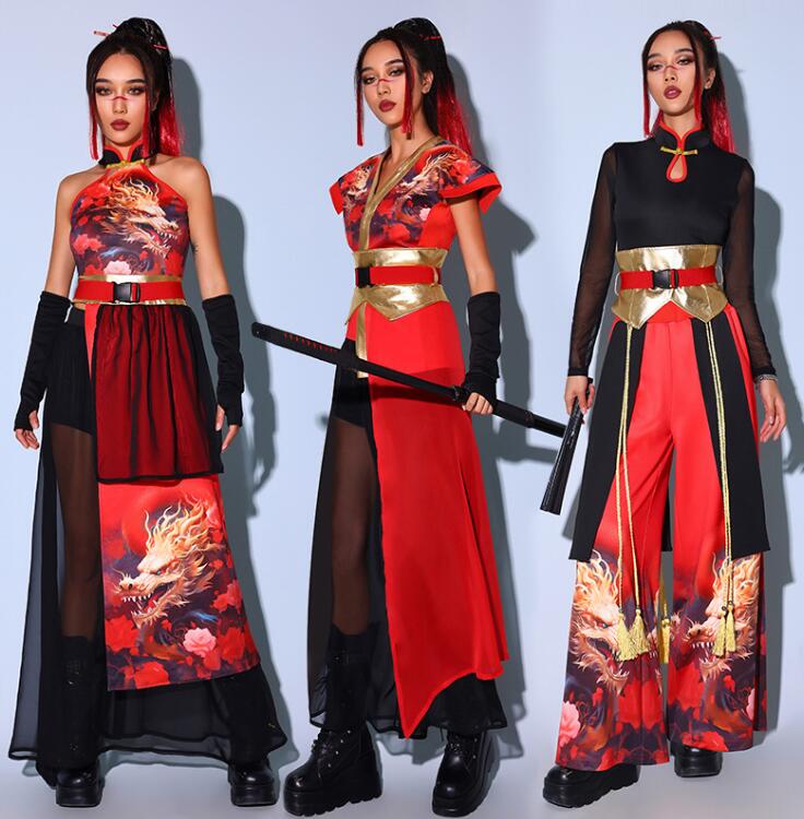 中華風ジャズダンス衣裳 レディースジャズダンス衣裳 中華風 3タイプ ダンス 長袖　ノースリーブ パンツ ワンピース ジャズダンス ヒップホップ 練習用 HIPHOP大人 ダンス 衣装 レッスン着　j