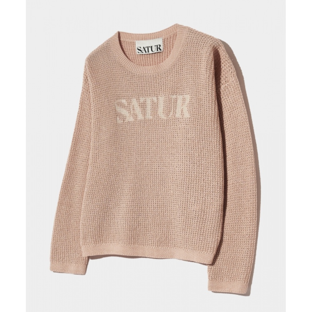 SATUR ロゴ刺繍入りクルーネックニットピーチコーラル
