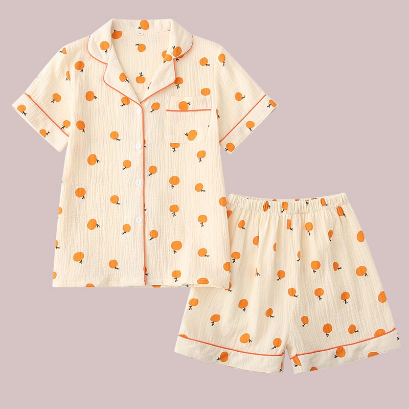 ルームウェア パジャマ 上下セット 部屋着 寝巻き ナイトウェア 半袖 襟付き ショート丈 ポケット 前開き ウエストゴム 透け感 シアサッカー フルーツ柄 パイピング オレンジ柄 かわいい