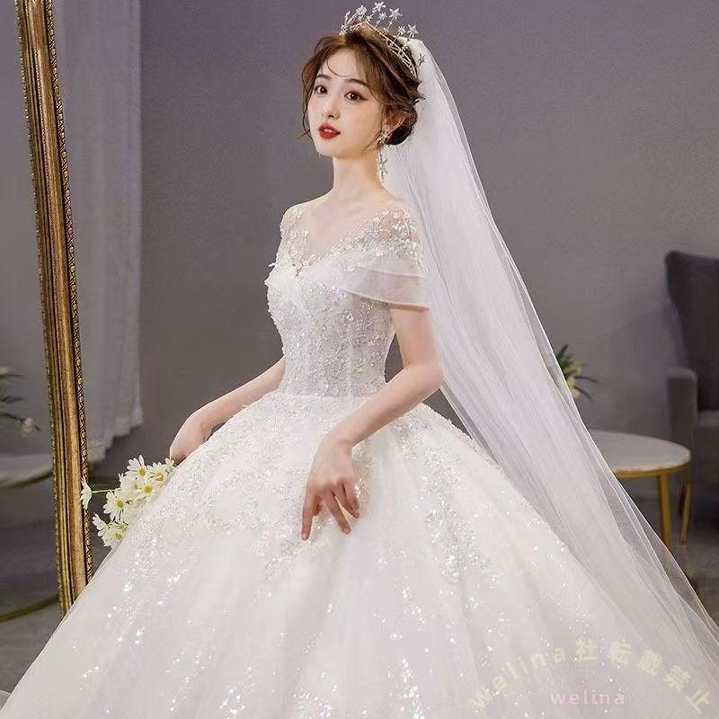 ウェディングドレス オフショルダー キラキラ ロングドレス ラインストーン Aライン結婚式 二次会 披露宴 高級感 ホワイト 花嫁ドレス 写真映え