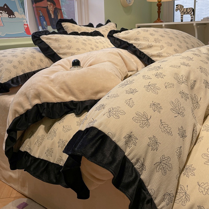 フレンチコーデュロイ寝具4点セットラグジュアリープリンセススタイルミルクフリース両面掛け布団カバー厚手冬用寝具セット