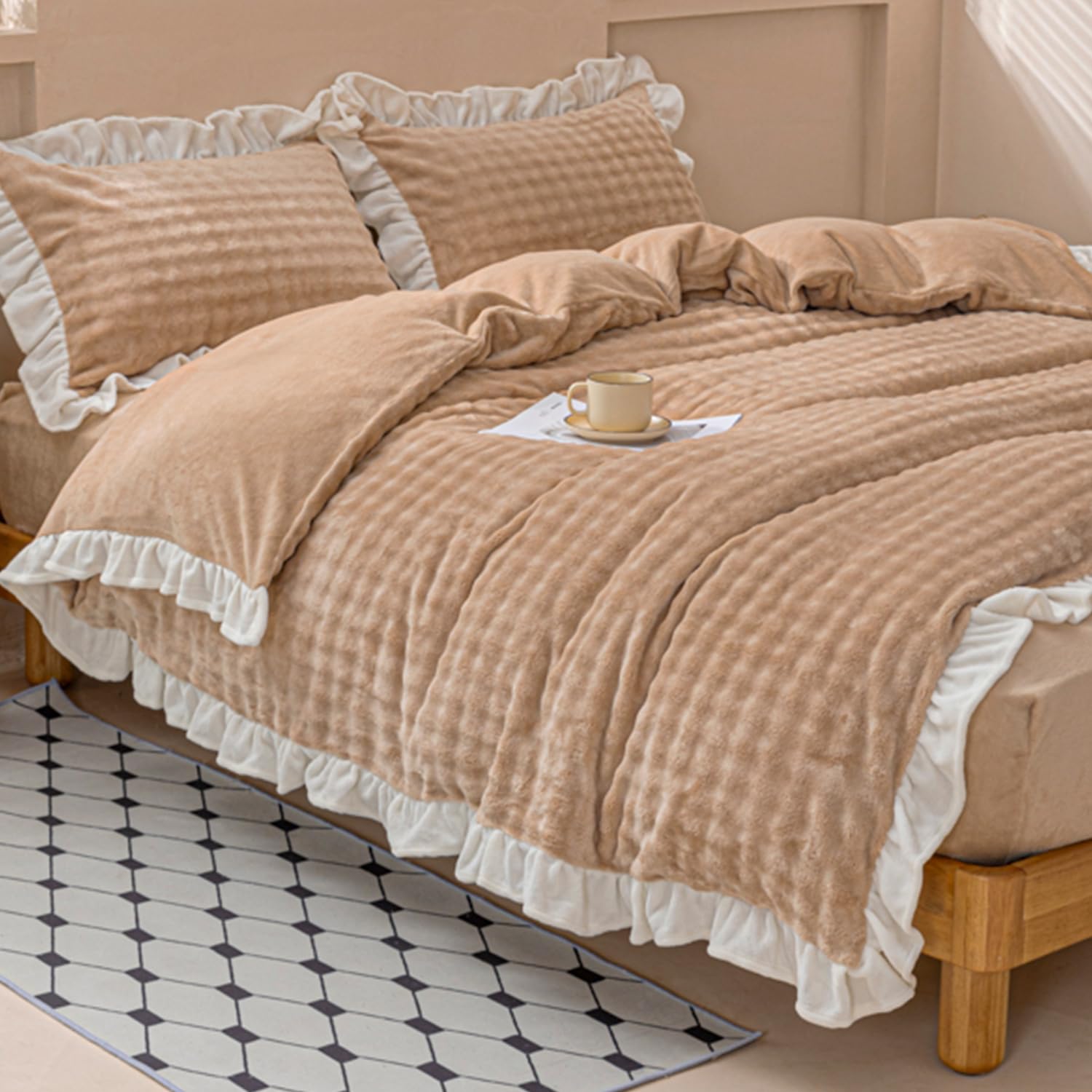 「 ｚｚ．ｌｕｘｉ」布団カバーセット 4点セット ダブル 冬用 ミルクファー調 ふわとろ あったか フランネル フリル マイクロファイバー 厚手 もこもこ ボックスシーツ 掛け布団カバー 封筒式枕カ