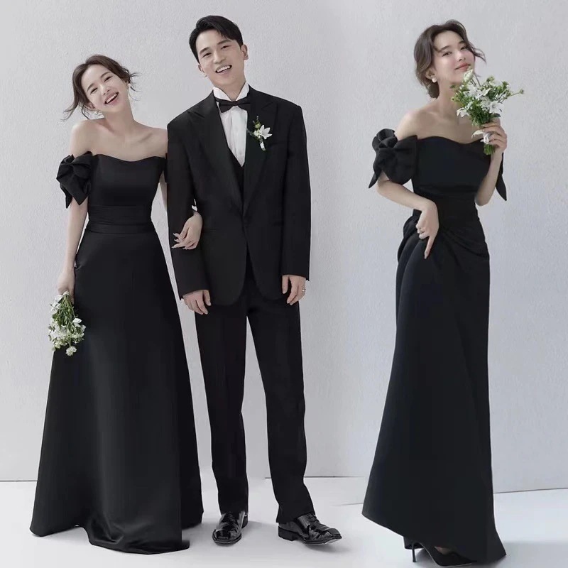 【急速出荷!】パーティードレス ドレス フランスの軽い結婚式の黒いサテンのカップルの写真の弓のドレス