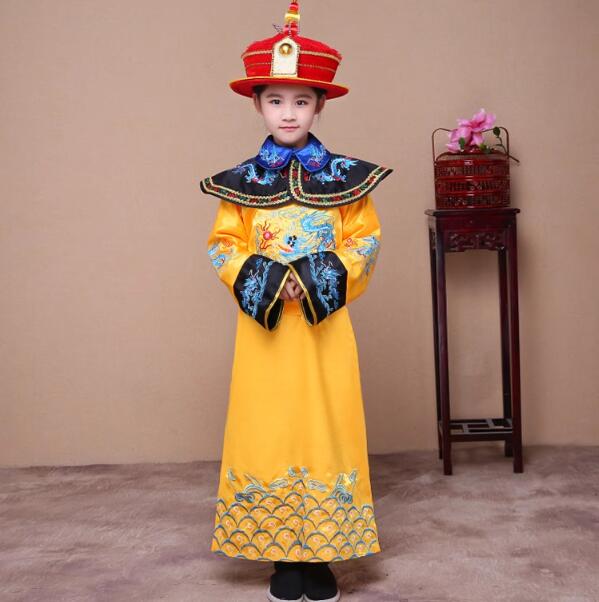 唐装漢服キッズ公演服　中華服舞台服装 ステージコスプレ衣装中国古代宮廷風コスプレ衣装 イベント 学園祭パーティーダンス衣装 写真撮影演出服 清朝天子服 ローブ 皇帝服 帽子つき太子服 子供ダンス服