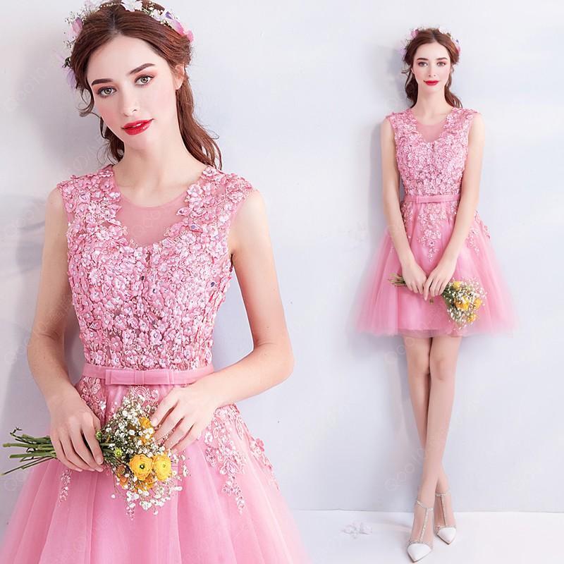 【4COLOURS】ミニドレス 花嫁 パーティードレス 安い カラードレス ピンク 演奏会 コンサート 結婚式 二次会 ウェディングミニドレス 披露宴 カクテルドレス サッシュリボン-45