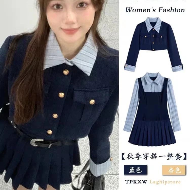 ハイエンドのカスタマイズ-Xiaoxiangfeng スーツハイエンドデザイン長袖ジャケットプリーツスカートドレス女性の秋と冬の 2025 新しいツーピースセット