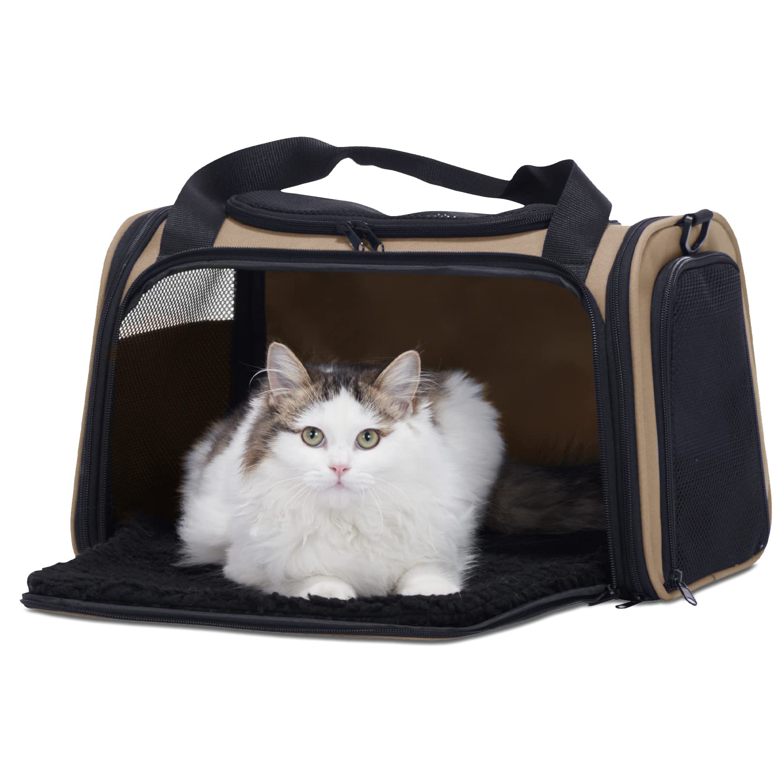 PETSFIT 犬 キャリー バッグ 猫キャリー 中大型猫用小型犬うさぎ用 飛び出し防止リード付き 車載/ドライブ/キャンピング/旅行/通院/災害避難用 カーキ XLサイズ