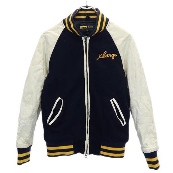 ウールブレンド スタジャン S 紺 羊革レザー袖 皮 メンズ