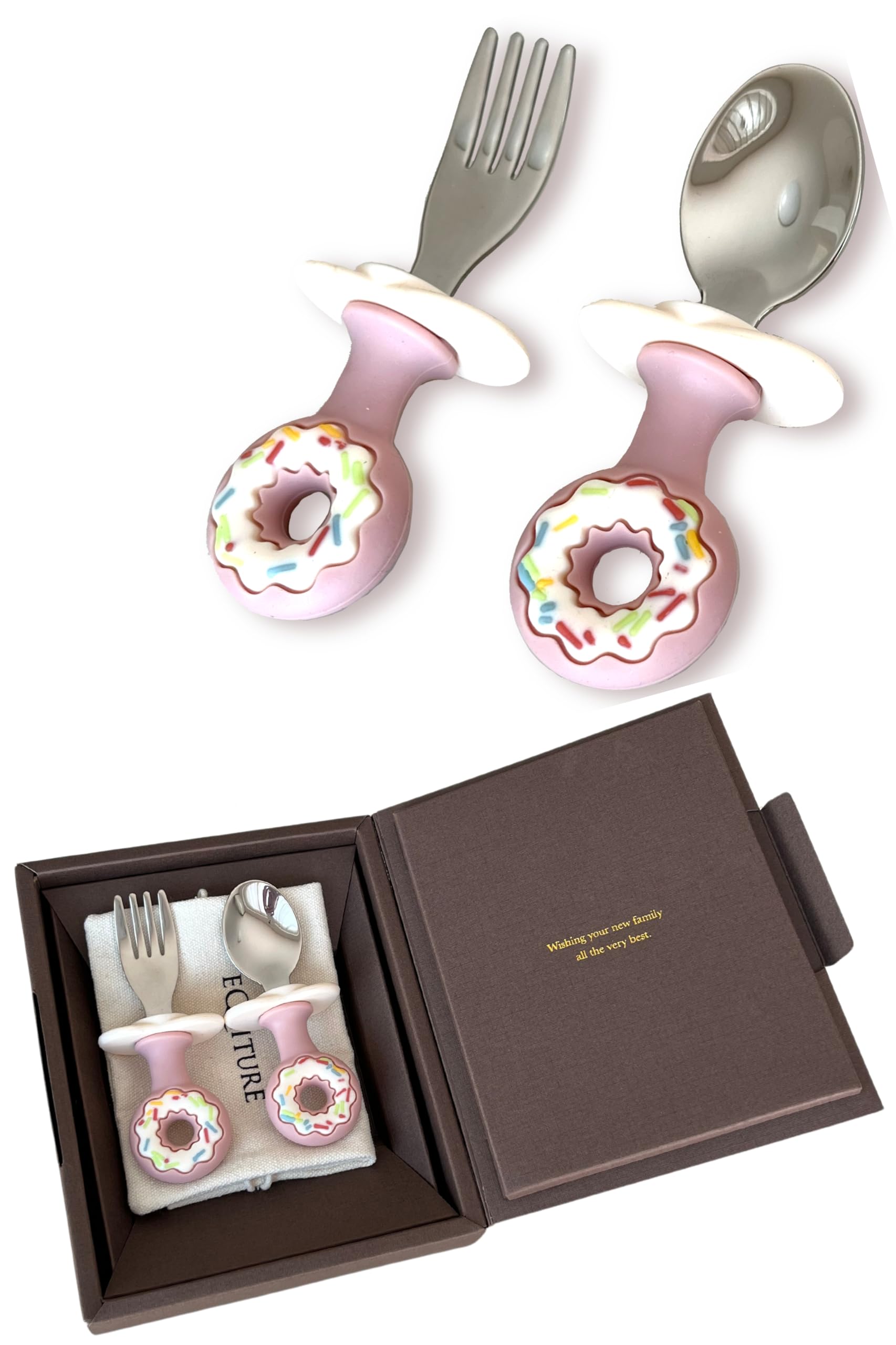 EQLITURE 丸い持ち手が可愛いベビー スプーン フォーク 2点セット 豪華なギフトボックス 巾着袋つき 持ちやすい 自分で食べる 1歳 トレーニング 離乳食 練習 持ち運び 出産祝い お食い初め 4,709円