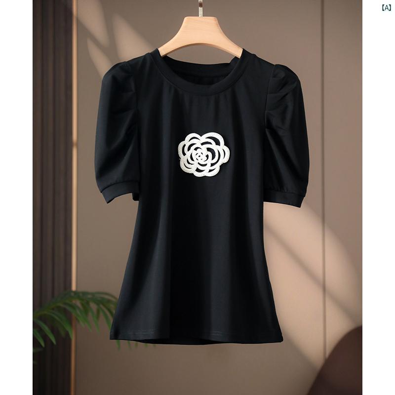 レディース ファッション　オシャレ　カジュアル　かわいい　綺麗 シンプル 高級感 フレンチ パフスリーブ 立体 椿 若々しい 香り ラウンドネック 半袖 Tシャツ レディース
