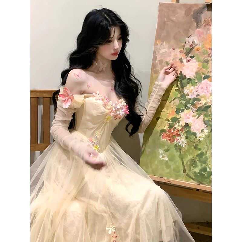 【2枚購入で 3oo円OFF！】ロマンチックなフラワーライトガラドレスドレススリムで美しいプリンセスドレス