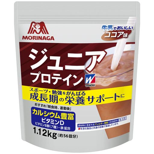 【AMAZON.CO.JP 限定】ジュニアプロテイン ココア味 1.12KG (約56回分) ウイダー 森永ココア カルシウム・ビタミン・鉄分配合 合成甘味料不使用 1,120G 1日1杯で約8週間分