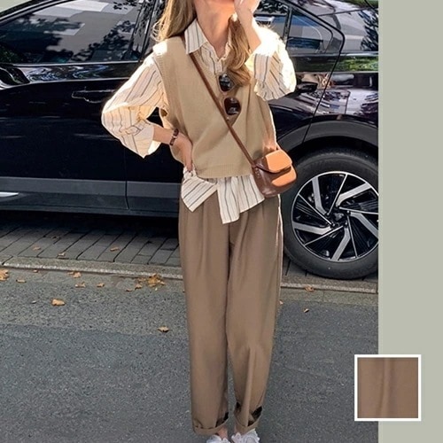 カジュアルセットアップパンツセットアップ 韓国 ファッション レディース 秋 冬 カジュアル コーデ シンプル 定番 セレカジ 20代 30代 40代 2025 リブ ベスト シャツ ドレープ