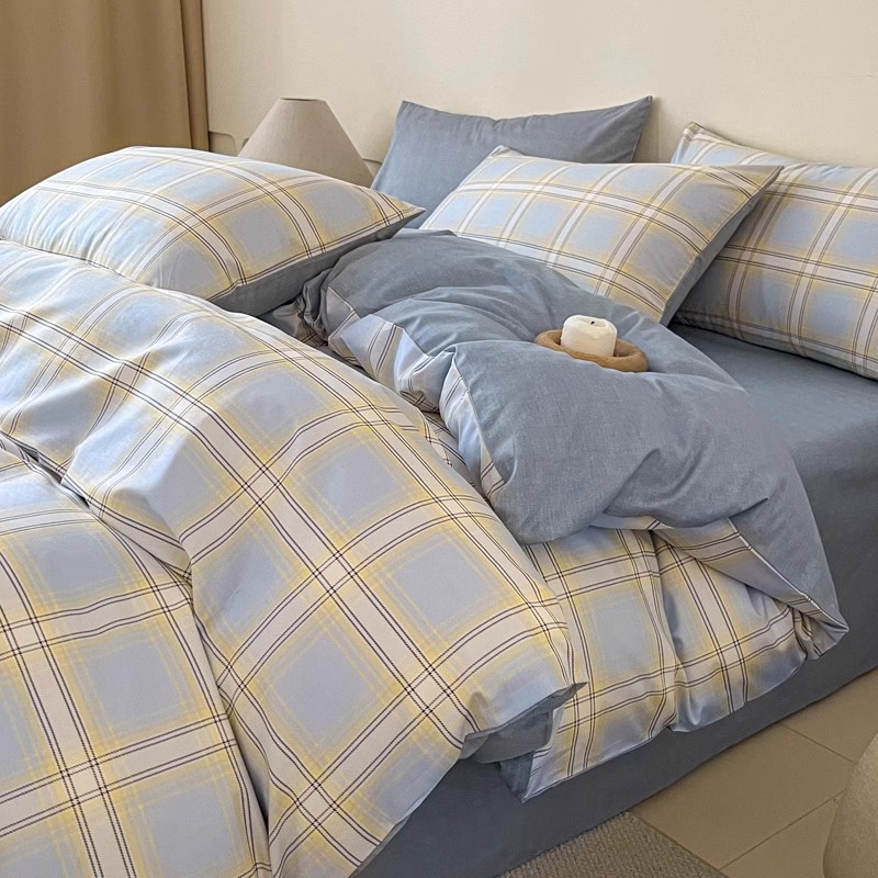 シンプルチェックコットンベッド上4点セット布団カバー100コットンシーツ全3点セットベッド笠ベッド品4