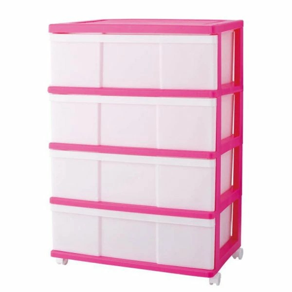 完成品 ワイドチェスト 収納ケース プラスチック 引き出し 4段 おしゃれ ピンク キャスター付き