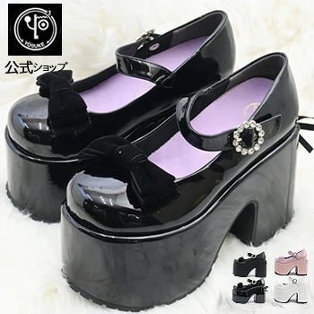 【公式SHOP特典キズ補修液付】 ヨースケ 厚底パンプス ストラップ シューズ ジュエリーバックル付き　バックリボンヒール 12cm 太ヒール
