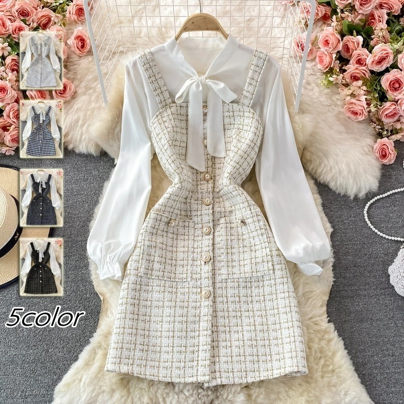 【期間特典】2点セット ワンピース レディース 30代40代 きれいめ ひざ丈ワンピース ツイードワンピース 長袖ブラウス セットアップ スリム 着痩せ お呼ばれ フェミニン