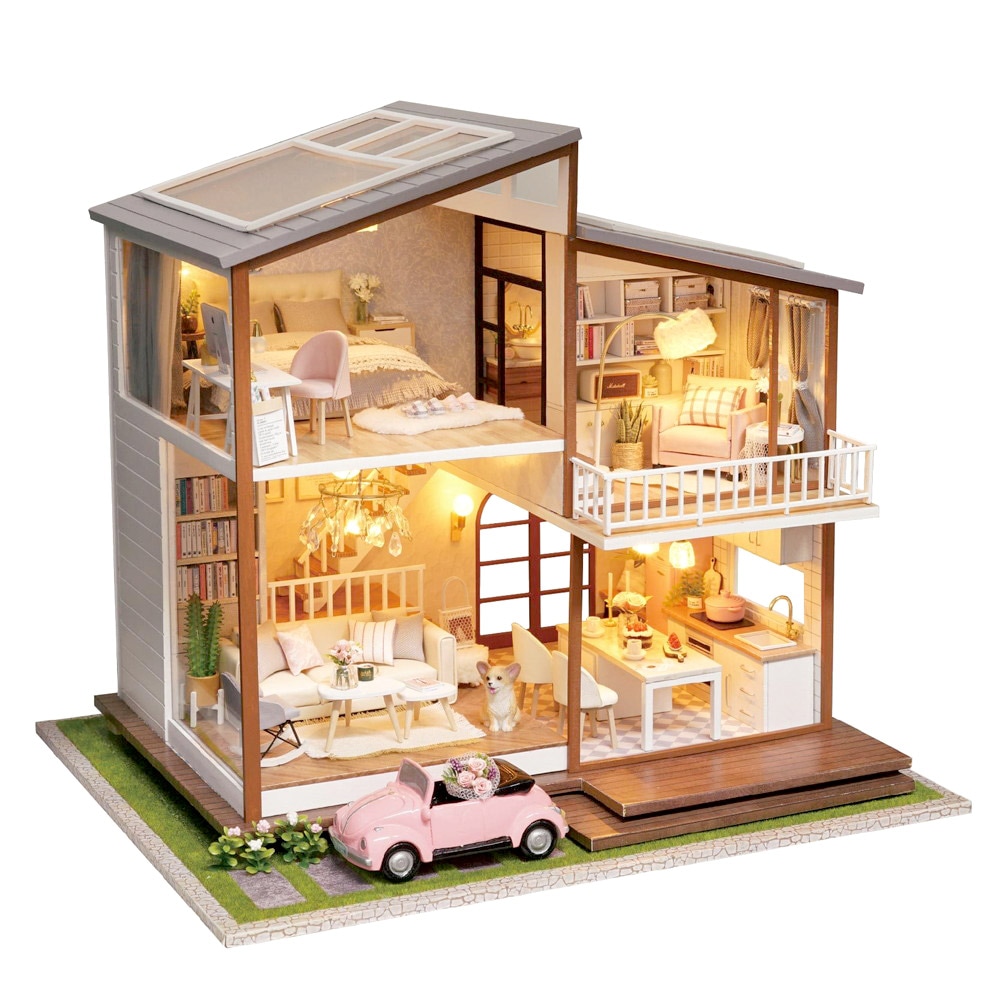 moin moin1/24 ドールハウス ミニチュア 手作りキット セットコーギー 犬 と暮らす 二階建て の 家 ナチュラル サボテン ピンク 車 カー シャンデリア LEDライト + アクリルケース