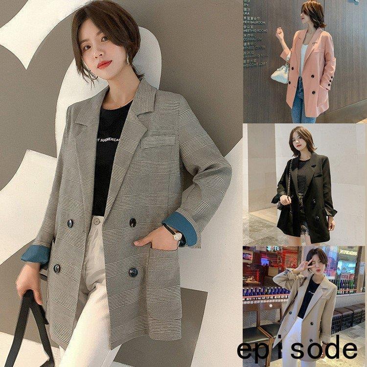 【急速出荷 2025年新作】ブレザー レディース スーツ スーツジャケット 秋冬 長袖 ロング丈 チェック カジュアルウエア ダブルブレスト オシャレ きれいめ 韓国風 通勤 4色