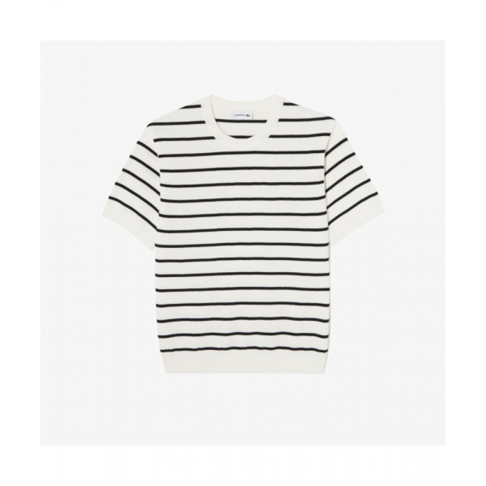 LACOSTE メンズ ソリッド 半袖 クルーネック スウェ터 [オフホワイト]
