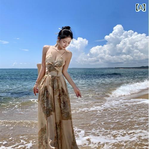 ワンピース リゾート レディース 大人 ホルターネック サスペンダー ドレス 夏 レトロ チャイナ風 ロング スカート きれいめ おしゃれ